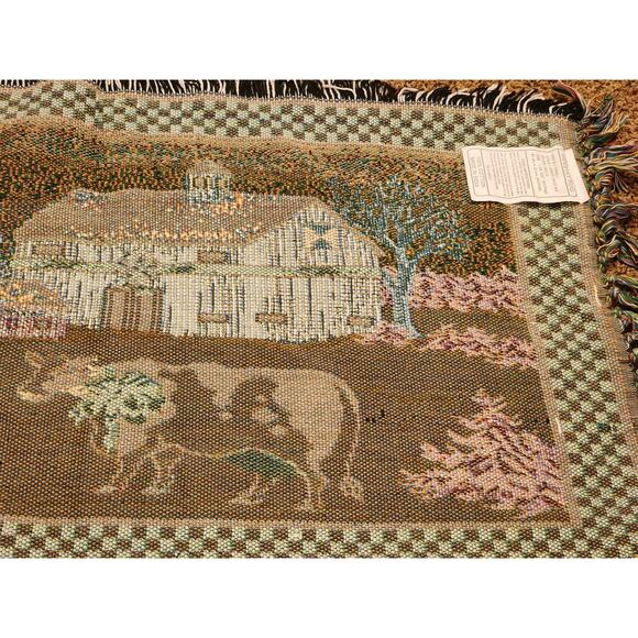 Vintage Tapestry Rug Country Christmas Cow Barn Rustic Farmhouse Table 20x36 - Picture 8 of 11